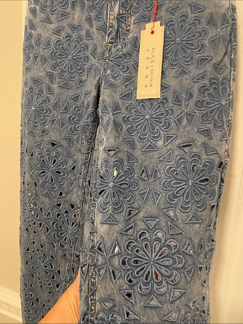 High-Rise Blue Floral Laser-Cut Wide-Leg Jeans - Picture 8 of 10